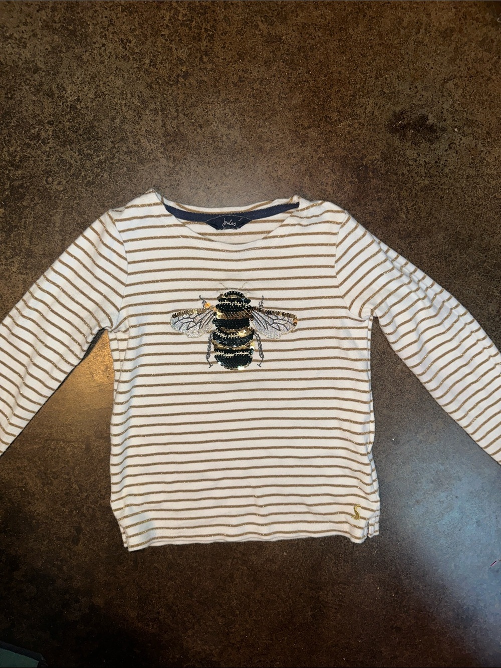 Joules White & Gold Striped Long-Sleeve Tee with Sequin Bee